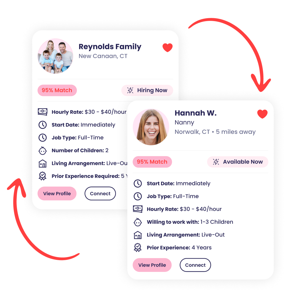 Profile matching cards showing nanny and family connections